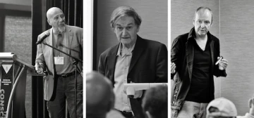 Three black and white images of Dr. Hameroff, Sir Roger Penrose and and Google researcher Hartmut Neven